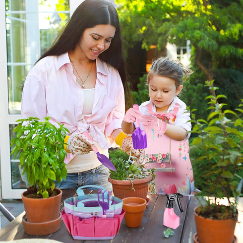 Kids Gardening Tool Set - Garden Tools with Shovel, Trowel, Rake, Apron, Gloves, Watering Can, Tote Bag (Pink)