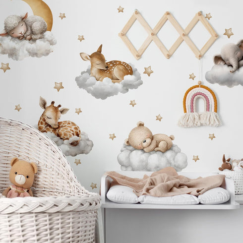 Sleeping Animals Wall Decals,Dreamy Clouds & Star Theme Art Wall Sticker Decors,Peel and Stick Elephants, Bears, Deer