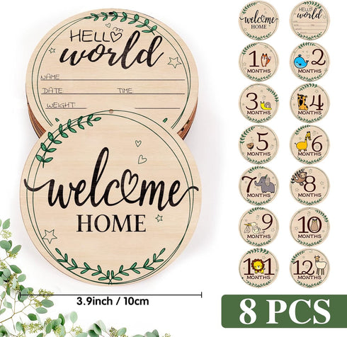 RCHBUDI 8 8 Sets 8pcs Pcs Baby Monthly Milestone Cards- Baby Milestone Signs Wooden Discs Double-Sided Animal Marker