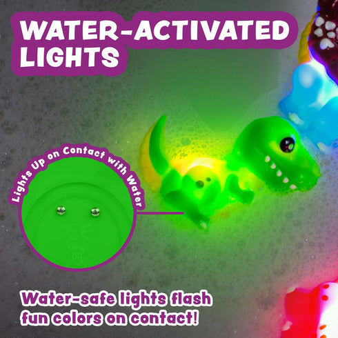 6 Pack Tub Works Dinos Dinosaur Light Up Bath Toys, | Water-Activated Light Up Toys Flash & Change Color | Easy-Grip