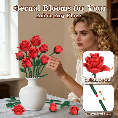 QIFUN Sets, 670Pcs Red Roses Flower Bouquet Building Artificial Flowers Building Blocks Compatible with Lego Flowers