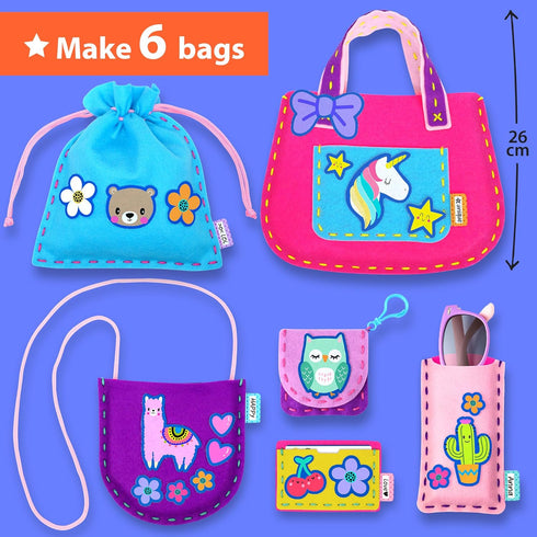 6 KRAFUN My First Sewing Bag Kit Arts & Crafts for Beginner Kids, Easy DIY Sewing mini Bag Holder Case Projects