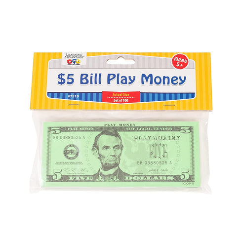 LEARNING ADVANTAGE Five Dollar Play Bills, Set of 100, $5 Paper Bills