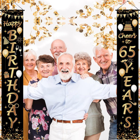 2 Pieces Black and Gold 65th Birthday Party Decorations, Cheers to 65 Years Banner for Men and Women