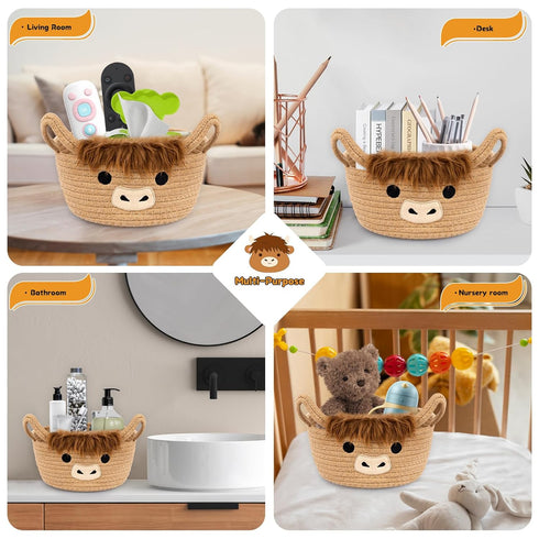 0rganizer 10.7"D 4.4"H Highland Cute Cow Basket for Nursery, Small Shower Gift Basket, Round Woven Rope Cotton Storage