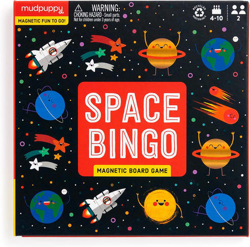 Mudpuppy Space Bingo – Magnetic Bingo Game with Travel-Friendly Tri-Fold Board for Ages 4-10, 2 Players