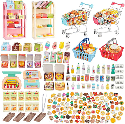 YOUHORYA 196Pcs Mini Shopping Cart Basket Trolley Grocery Game Model Miniature Drink Bottle