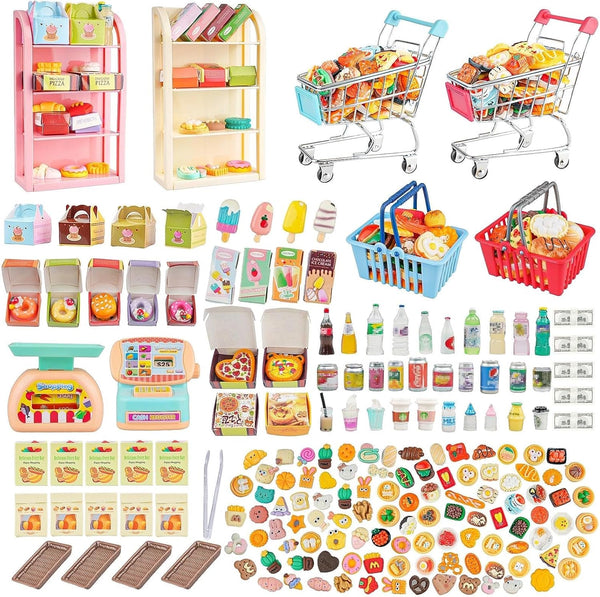 YOUHORYA 196Pcs Mini Shopping Cart Basket Trolley Grocery Game Model Miniature Drink Bottle