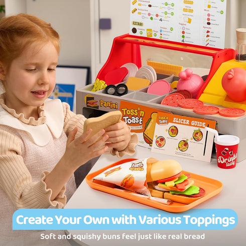 lalalark Playset 40+ 3+ Toss 'n Toast Sandwich Restaurant for Kids, Pieces Pretend Food with Interactive Magic Slicer