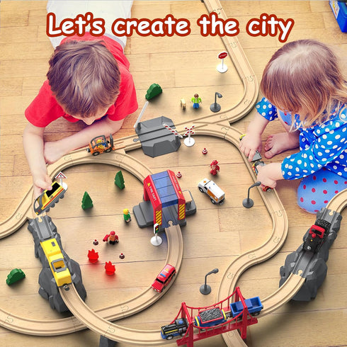 Giant Bean 72PCS Wooden Train Tracks & Trains, Gift Packed Railway Kits for Kids, Toddler Boys and Girls 3 Years+