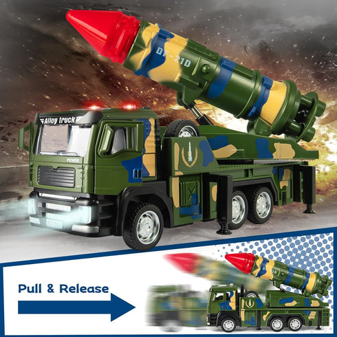 Youlechen 3-6 Military Missile Launch Truck Toy, with Lights Sounds and Pull Back Army Car, Alloy Die-cast Simulated