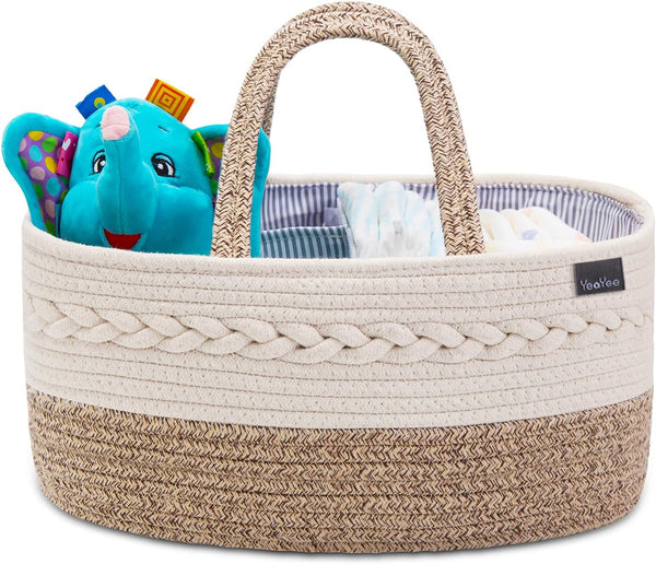 Baby Diaper Caddy Organizer, Portable Nursery Storage Basket with Changeable Compartments, 100% Cotton Woven Rope