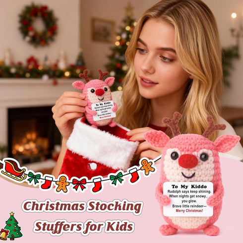Cozy Stocking Stuffers for Teen Girls Mini Crochet Reindeer Plush with Story Pun Card, Cute, Desk/Nightstand Decor