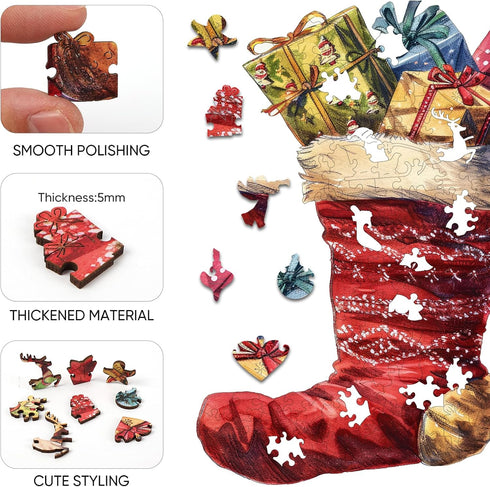 Wooden Puzzle for Adults - Christmas Boots Wooden Jigsaw Puzzles (150 pcs) - Beautiful Puzzle with Box