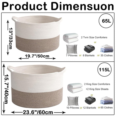 65L Large Woven Cotton Rope Blanket Basket with Handles, Laundry Hamper Storage Bin for Pillows, Clothes, Bedroom
