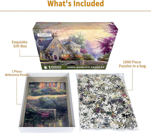 Jigsaw Puzzles for Adults 1000 Pieces Country House Spring Landscape Puzzle Picturesque Bridge, DIY Challenging Game