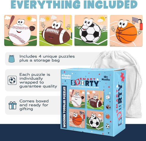 Wooden Puzzles for Toddlers 2-4 | Sports Puzzles | Wood Puzzles for Kids, Toddler Sports Toys for Toddlers, Basketball Toy, Football Toys, Baseball Toy, Soccer Toddler Puzzle 2 3 Year Old Boy