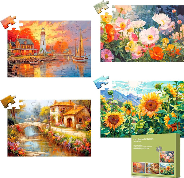 4 Packs 36 Piece Large Jigsaw Puzzles for Elderly, Alzheimer's Activities, Cognitive Games with 4 Storage Bags
