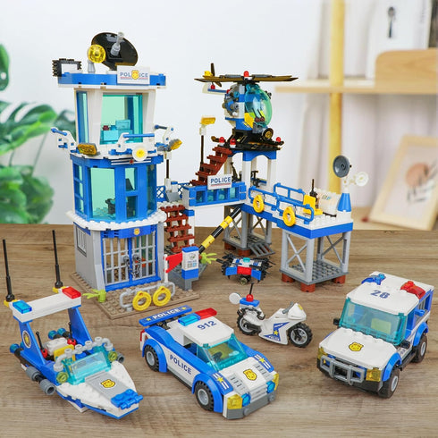 WishaLife City Police Station Toy Building Set - Police Car, Helicopter, Boat, Prison, Fun Gift for Kids 6+