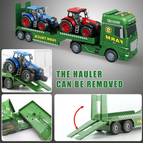Yiwsnust 25.6 2 3-8 Large Flatbed Semi Truck, Large Farm Truck Toy with Tractors, Friction Powered Farm Transport Truck