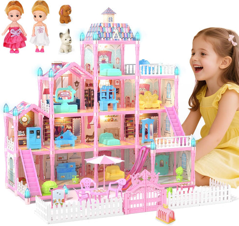 randhar Doll House for Girls with Lights, 3 Dolls, 4 Floors -13 Rooms,
