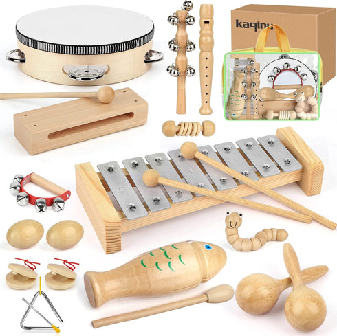 kaqinu Kids Musical Instruments,100% Natural Wooden Music Percussion Toy Sets, 23 Pcs Tambourine