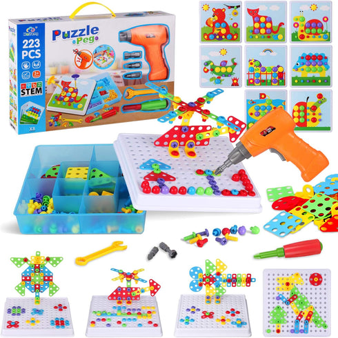 223 Pieces Creative Mosaic Drill Set for Kids - Toy Drill and Screwdriver Puzzle Kit for Ages 3-10