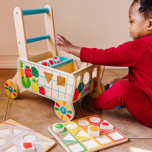 Melissa & Doug Wooden Shape Sorting Grocery Cart - Pretend Play Grocery Toys for Infants and Toddlers Ages 1+