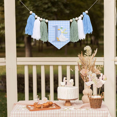 Agkvw 1st 1st One Funny Goose High Chair Banner for Boys - Goose Theme Birthday Decorations, Blue Gingham Style