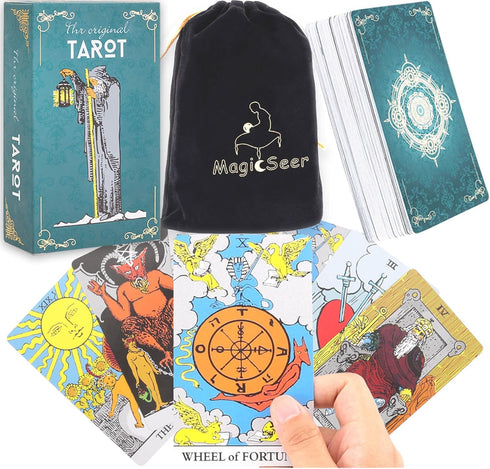MagicSeer Tarot Cards, 78 Pcs Large Borderless Deck for Beginners and Experts, Velvet Bag Included.