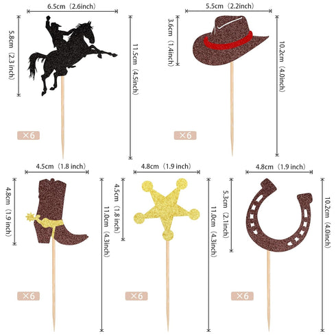 30 PCS Cowboy Cupcake Toppers, Glitter HorseShoe Cowboy Hats & Boots Picks for Western Theme Baby Shower Party