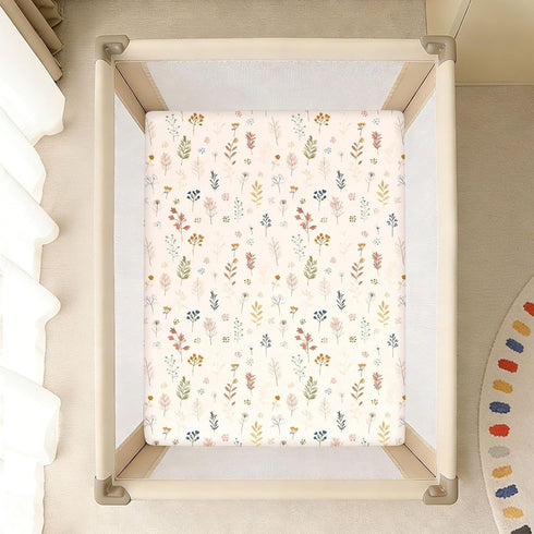 miaozhen 1 Pack 52x28 Cotton Crib Sheets for Baby Boys Girls Soft Stretchy Cute Cartoon Forestland Herbs Beige Crib