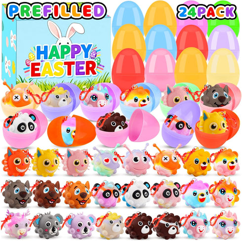 KissFuture 24 Pack Prefilled Easter Eggs with 3D Animal Pop Balls Toys,