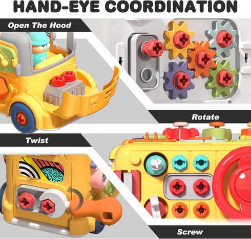3 4 5 iPlay, iLearn Toddler Busy Bus Toy, Kids Take Apart School Bus W/Tools, Steering Wheel & Gears, Push Go Assemble