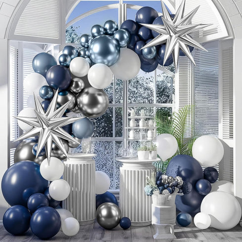 Blue Silver Balloon Arch Kit, Navy Blue Silver White Balloon Garland with Metallic Light blue silver Balloons Star Foil