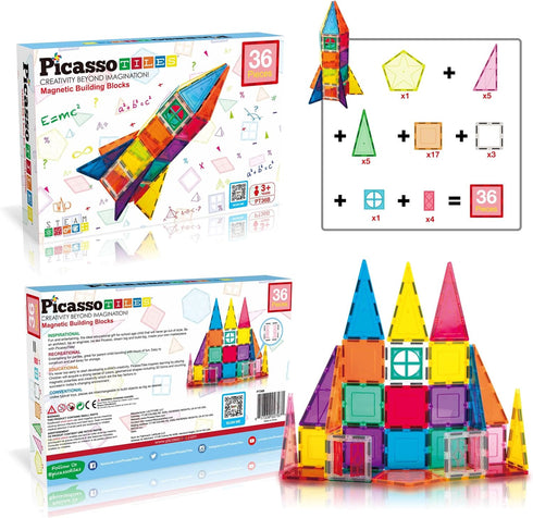 Magnetic Tile Rocket Set 36 Piece Construction Toy, PicassoTiles Magnet Building Block Engineering STEM Learning
