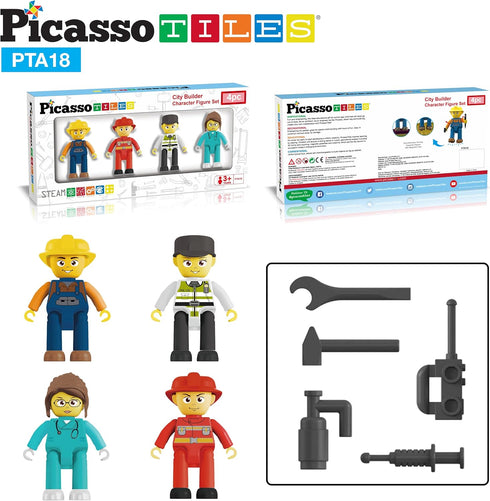 Picasso Toys Magnetic Action Figures, 4 Piece City Builder Character for Magnet Building Block Tiles Expansion Pack