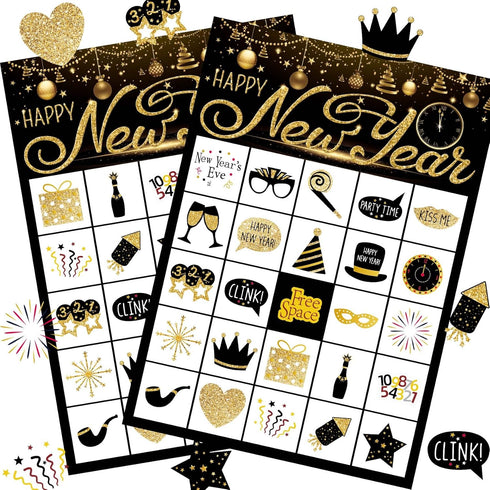 Funnlot New Year Eve Games, 24 Players Bingo Cards for Kids, New Years Party Supplies, Activities for School
