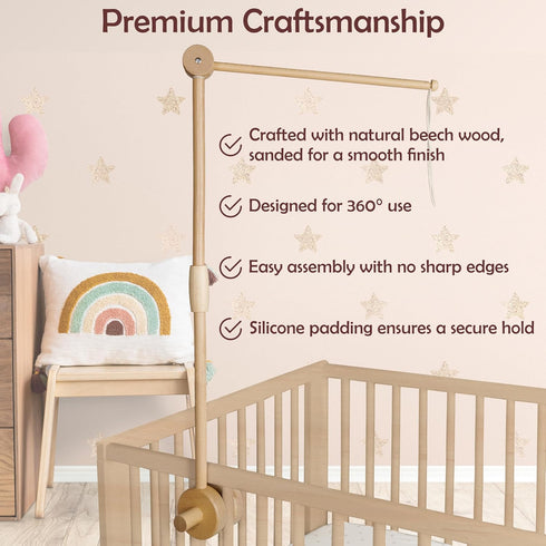 31 Inch Baby Crib Mobile Arm - Mobile Hanger for Baby Girl or Boy Nursery Crib Decor - Wooden Decoration Attachment