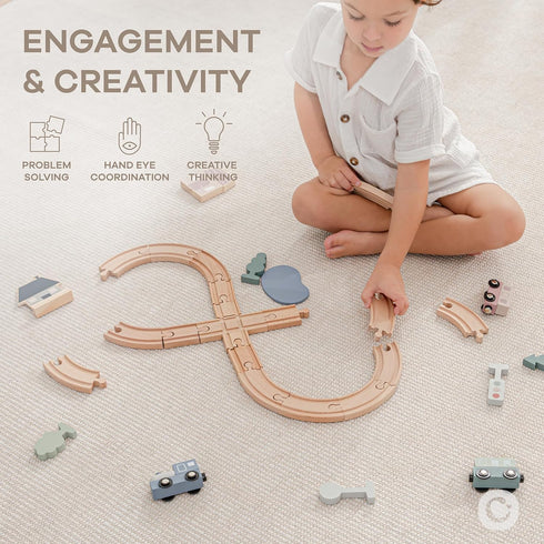 30-Piece Set 1+, Set Comfy Cubs Wooden Train for Toddlers Ages Fun & Eco Friendly Toddler Train with Wooden Toy Tracks