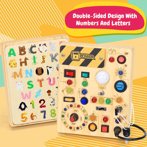 1 2 3 1+ Busy Board with LED Light Switches, Montessori Toys for Years Old, Toddlers Wooden Toy Sensory Activity Board