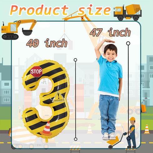 JUANBUDONG Set,Yellow 3 Balloons,3rd Construction Theme Balloons and Black Striped Construction Foil Number