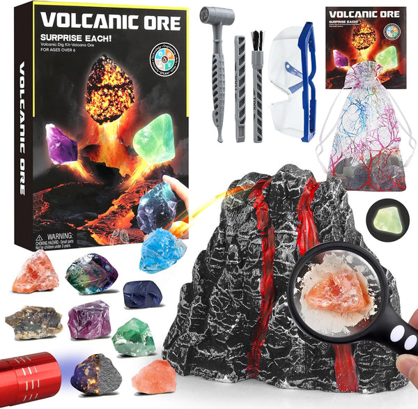 Volcano Dig Kit - 10 Rocks Excavation Kit, Fossil Volcano Toys for Kids, Gemstone Rocks Collection Birthday Gifts