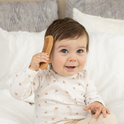 Set Natural Baby Hair Brush with Boho Bag - Goat Hair Cradle Cap Brush, Toddler Brush and Comb - Scalp Grooming Baby