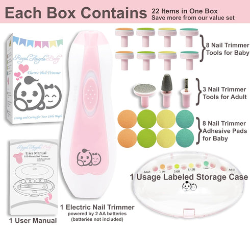 Baby Nail Trimmer 21 in 1, Royal Angels Electric Nail File with 13 Extra Replacement Tools (Pink)