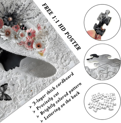 PICKFORU 1000 Impossible Puzzles for Adults Pieces, Floral Muse Puzzle Elegant Lady,Beauty Flower Woman Puzzle Black