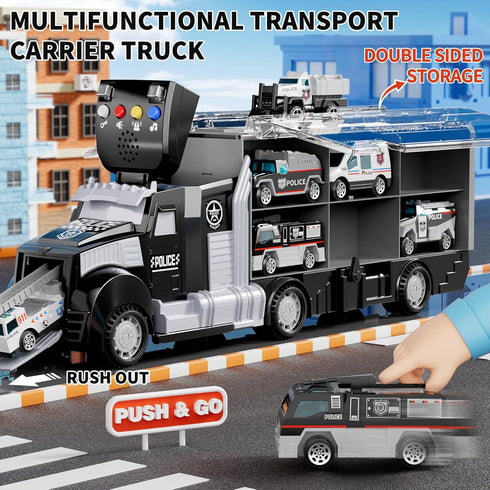 NIPLOOOW Set Set 3 4 5 6 3-4 3-9 Police Trucks Toy with Play Mat, Carrier Truck Play Vehicles for Years Old Boys Kids