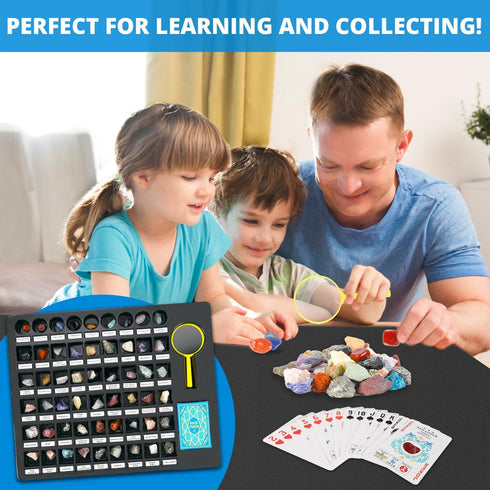 54 8+ PIBEX Rock Collection Starter Kit - Pcs Assorted Gemstones, Crystals, Rocks & Minerals, with Learning Book & ID
