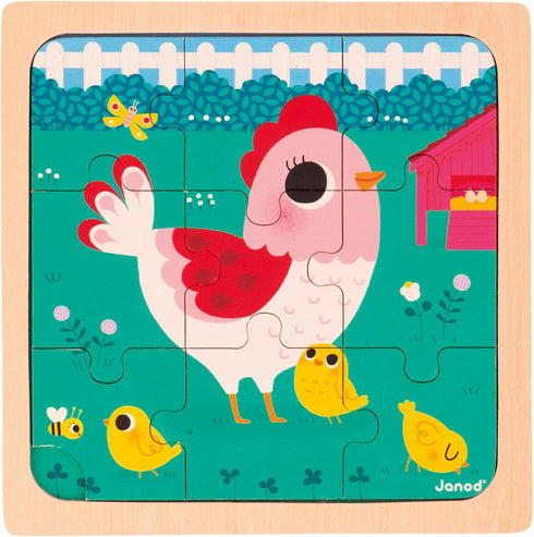 Janod 3x 9-Piece Wooden Puzzles - Hen, Cat & Rabbit Educational Toy for Children 18 Months+, J07113, Multicolor