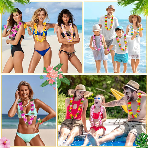 60 Summer 10 Moon Boat Pieces Hawaiian Luau Leis - Tropical Tiki Hibiscus Flowers for Pool Party Favors Supplies